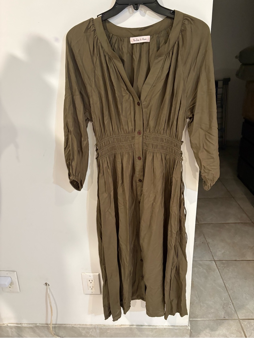 Relaxed Olive Midi Dress with Button Front by Unknown Brand